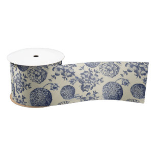 Antique Blue Flower Print Floral Satin Ribbon