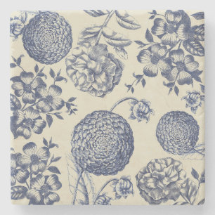 Antique Blue Flower Print Floral Stone Coaster