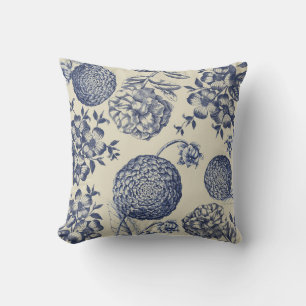 Antique Blue Flower Print Floral Throw Pillow