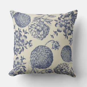 Antique Blue Flower Print Floral Throw Pillow
