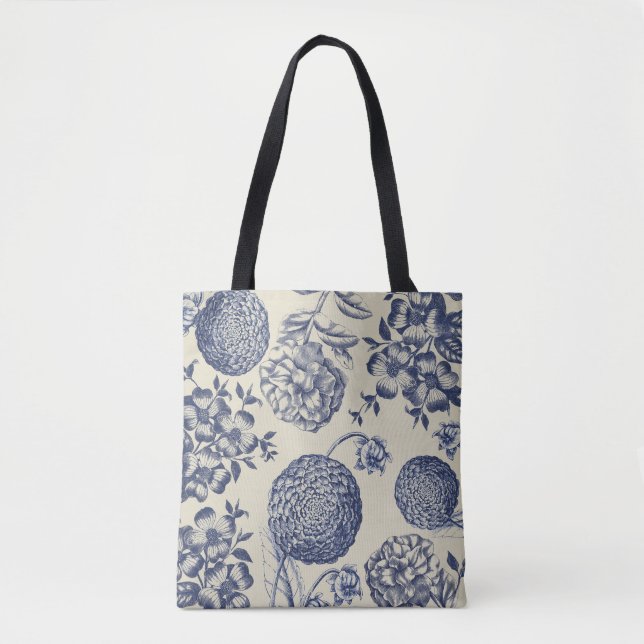 Antique Blue Flower Print Floral Tote Bag (Front)
