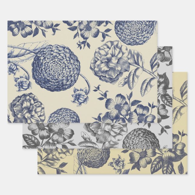 Antique Blue Flower Print Floral Wrapping Paper Sheet (Set)