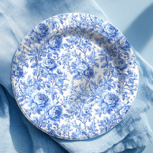 Antique Blue French Toile Roses Floral Paper Plate
