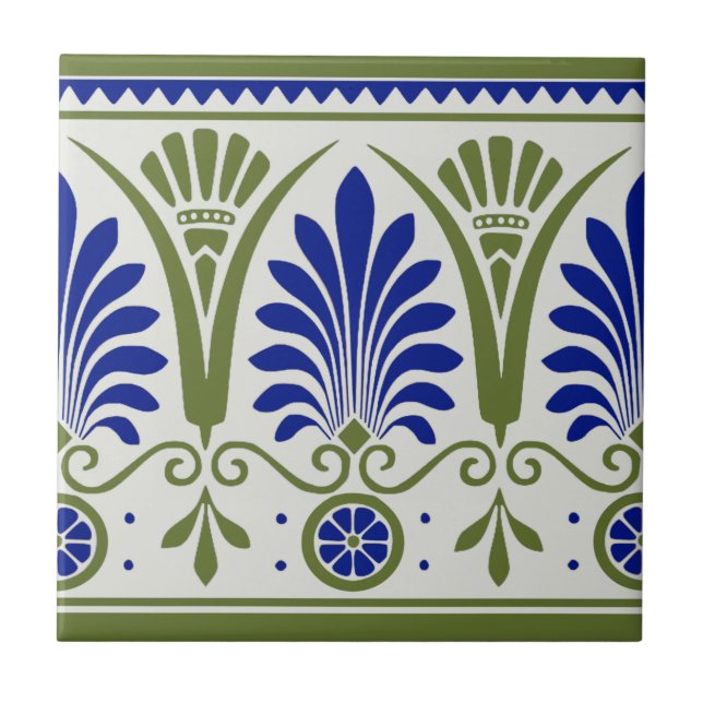 Antique Blue Green Palmette Deco Border Tile Repro (Front)