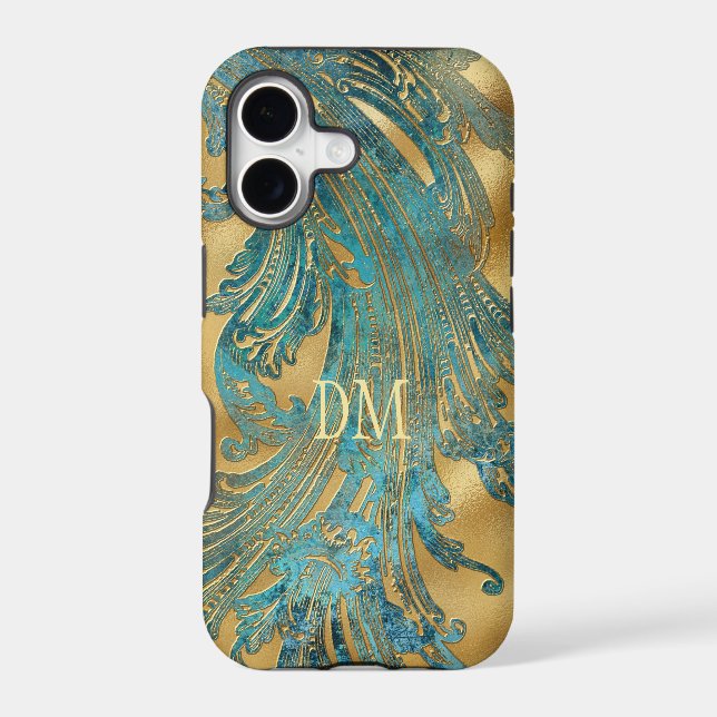 Antique Blue Grunge Swirl Monogram on Gold  (Back)