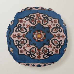 Antique Blue Persian, Turkish Carpet  Pattern Round Pillow