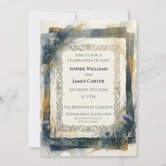 Antique Blue Tartan Thistle Wedding Invitation (Front)
