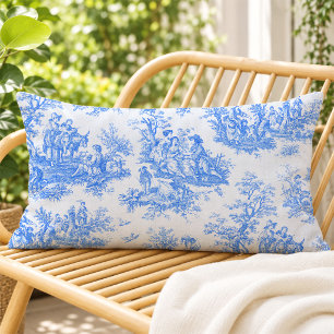 Antique Blue Turquoise French Country Toile Floral Lumbar Pillow