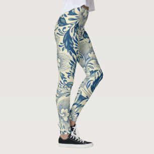 Antique Blue & White Oriental Flower Pattern Yoga Leggings
