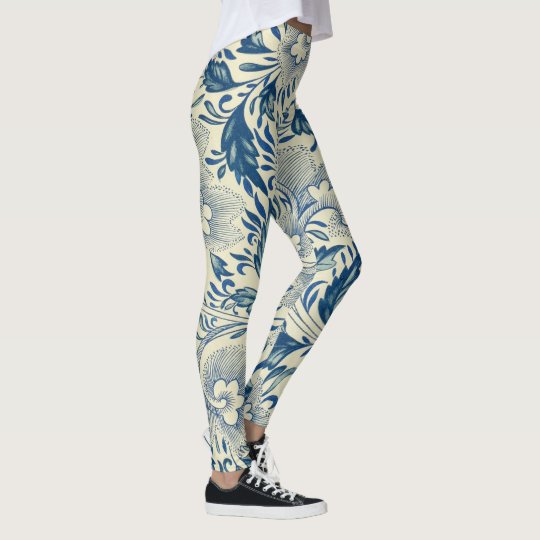 Antique Blue & White Oriental Flower Pattern Yoga Leggings