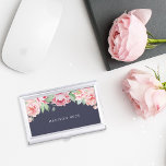 Antique Blush Pink Peony Business Card Holder<br><div class="desc">Elegant and feminine business card case in chic midnight blue features a canopy of blush pink watercolor peony flowers blooming from the top. Personalize with your name,  monogram or business name in modern white lettering.</div>