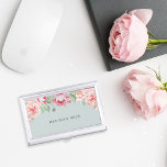 Antique Blush Pink Peony Business Card Holder<br><div class="desc">Elegant and feminine business card case in chic pastel mint sage green features a canopy of blush pink watercolor peony flowers blooming from the top. Personalize with your name,  monogram or business name in modern off-black lettering.</div>