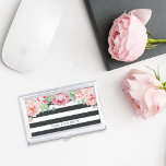 Antique Blush Pink Peony & Charcoal Stripe Business Card Holder<br><div class="desc">Elegant and feminine business card case in chic off-black charcoal stripes features a canopy of blush and sage watercolor peony flowers blooming from the top. Personalize with your name,  monogram or business name in modern off-black lettering.</div>
