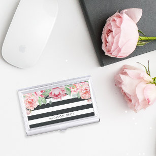 Antique Blush Pink Peony & Charcoal Stripe Business Card Holder