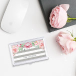 Antique Blush Pink Peony & Grey Stripe Business Card Holder<br><div class="desc">Elegant and feminine business card case in chic grey-beige taupe stripes features a canopy of blush and sage watercolor peony flowers blooming from the top. Personalize with your name,  monogram or business name in modern off-black lettering.</div>