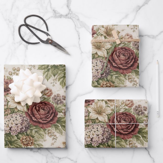 Antique Blush Rose Garden Pattern Wrapping Paper Sheet (Front)