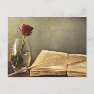 Antique Book and Rose Postcard