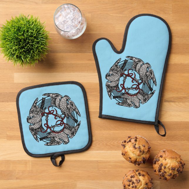 Antique Bookplate Three Hawks William de Morgan Oven Mitt & Pot Holder Set (Top Down)