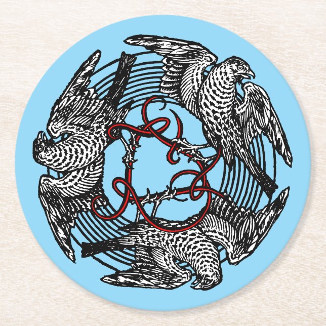 Antique Bookplate Three Hawks William de Morgan Round Paper Coaster (Front)