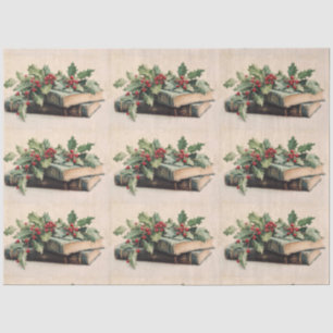 ANTIQUE BOOKS AND HOLLYBERRIES  Christmas Pattern Tissue Paper