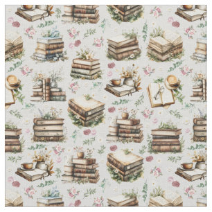 Antique Books & Flowers on Pale Gray Fabric