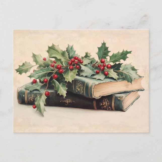 ANTIQUE BOOKS WITH HOLLYBERRIES Vintage Christmas Holiday Postcard (Front)