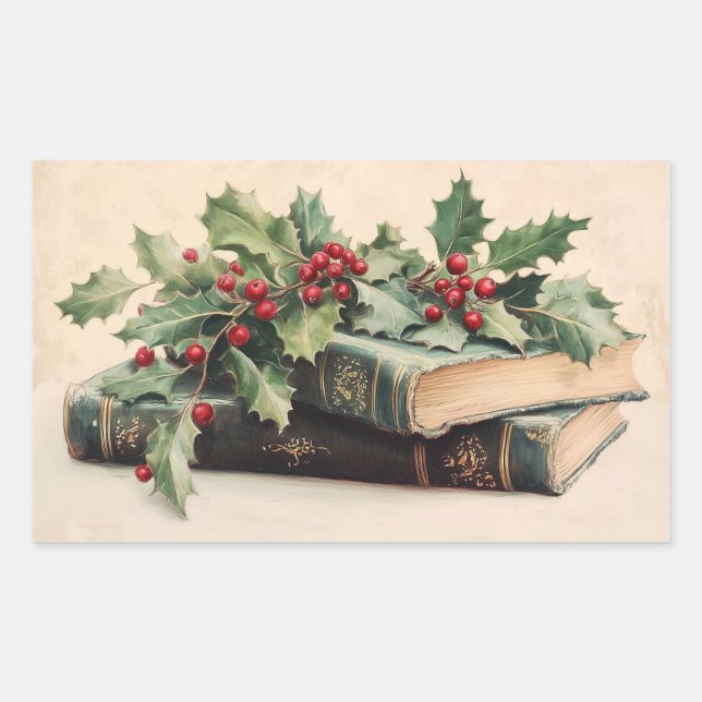 ANTIQUE BOOKS WITH HOLLYBERRIES Vintage Christmas Sticker (Front)