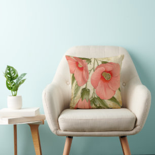 Antique Botanical Print Coral Flower Vintage Throw Pillow
