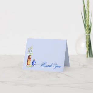 Antique Bottles Filled with Wildflowers on Blue Thank You Card