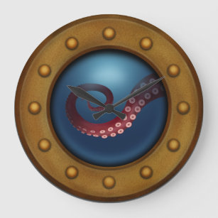 Antique Brass Porthole Deep Sea Octopus Nautical Large Clock