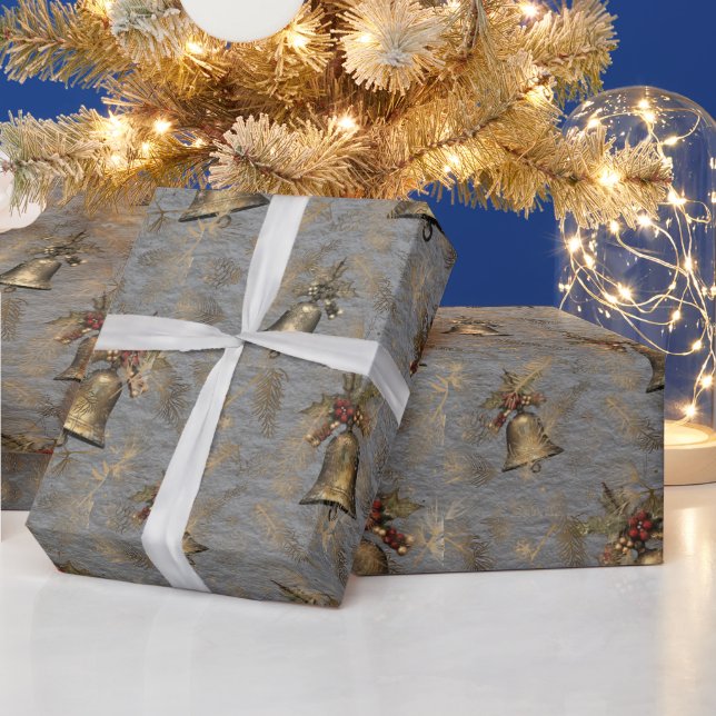 Antique Bronze Bells on Steel Grey Wrapping Paper (Holidays)