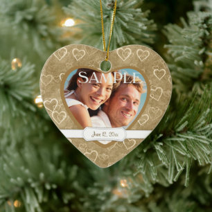 Antique Bronze Hearts Newlywed Photo Ceramic Ornament