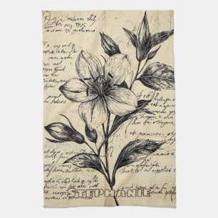 Antique Brown Flowers Calligraphy Parchment Kitchen Towel