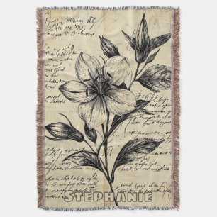 Antique Brown Flowers Calligraphy Parchment Throw Blanket