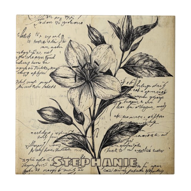 Antique Brown Flowers Calligraphy Parchment Tile (Front)