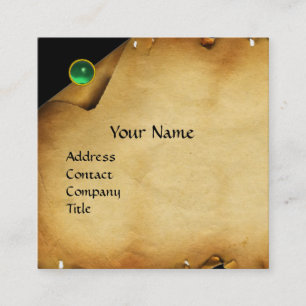 ANTIQUE BROWN PARCHMENT,GREEN GEM STONE MONOGRAM SQUARE BUSINESS CARD