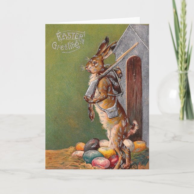Antique Bunny Guard Carte Victorienne de Pâques (Devant)