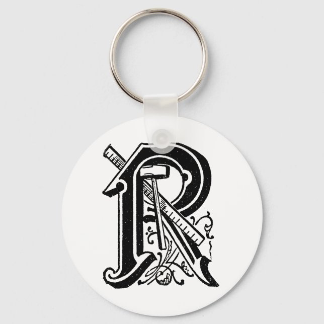 Antique Calligraphy Masonic Symbols Letter R Keychain (Front)