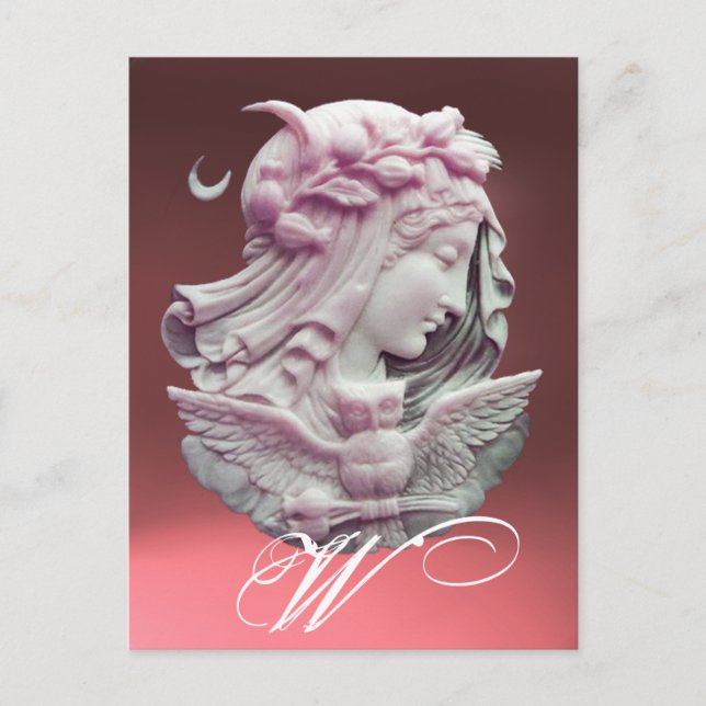 ANTIQUE CAMEO,MOON LADY OF NIGHT WITH OWL MONOGRAM HOLIDAY POSTCARD (Front)