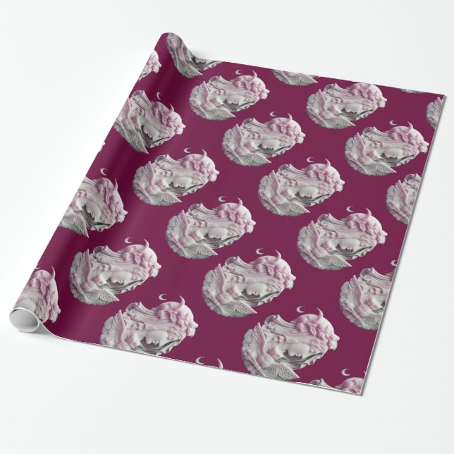 ANTIQUE CAMEO, MOON LADY OF NIGHT WITH OWL WRAPPING PAPER (Unrolled)