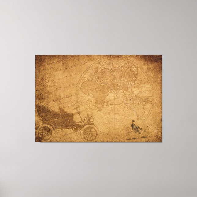 Antique Cars, Vintage Map Elegant Canvas Print (Front)