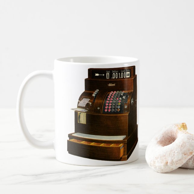Antique Cash Register, Vintage Retail Business Coffee Mug (With Donut)