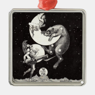 Antique Celestial Moon Goddess & Ursa Major Bear Metal Ornament