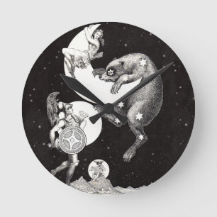 Antique Celestial Moon Goddess & Ursa Major Bear Round Clock