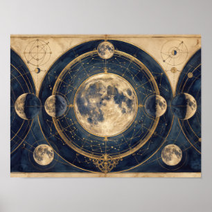Antique Celestial Moon Phases Map Poster