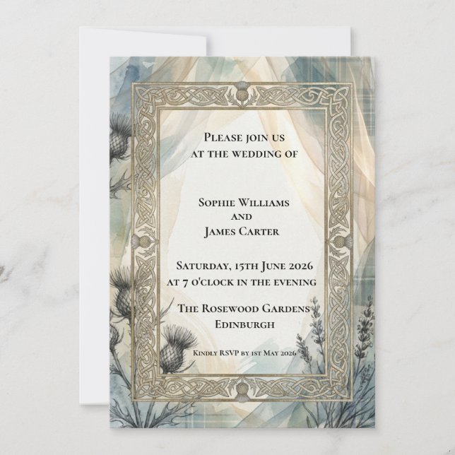 Antique Celtic Frame Thistle Highland Wedding Invitation (Front)