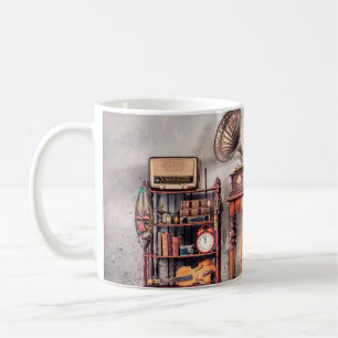 Antique chair, old typewriter, retro radio, gramop coffee mug
