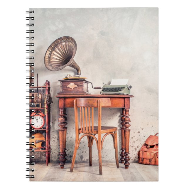 Antique chair, old typewriter, retro radio, gramop notebook (Front)