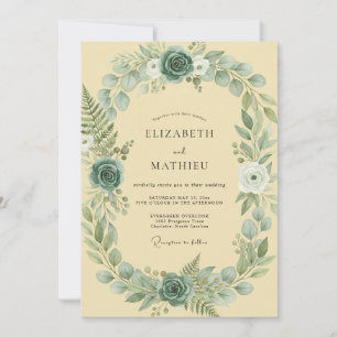 Antique Champagne Teal Wreath Wedding Invitation