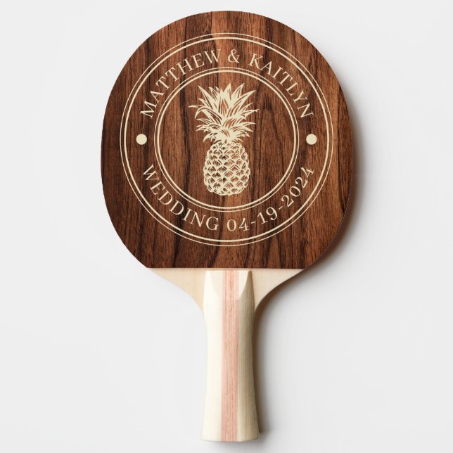 Antique Cherry Wood Pineapple Wedding Names Ping Pong Paddle (Back)